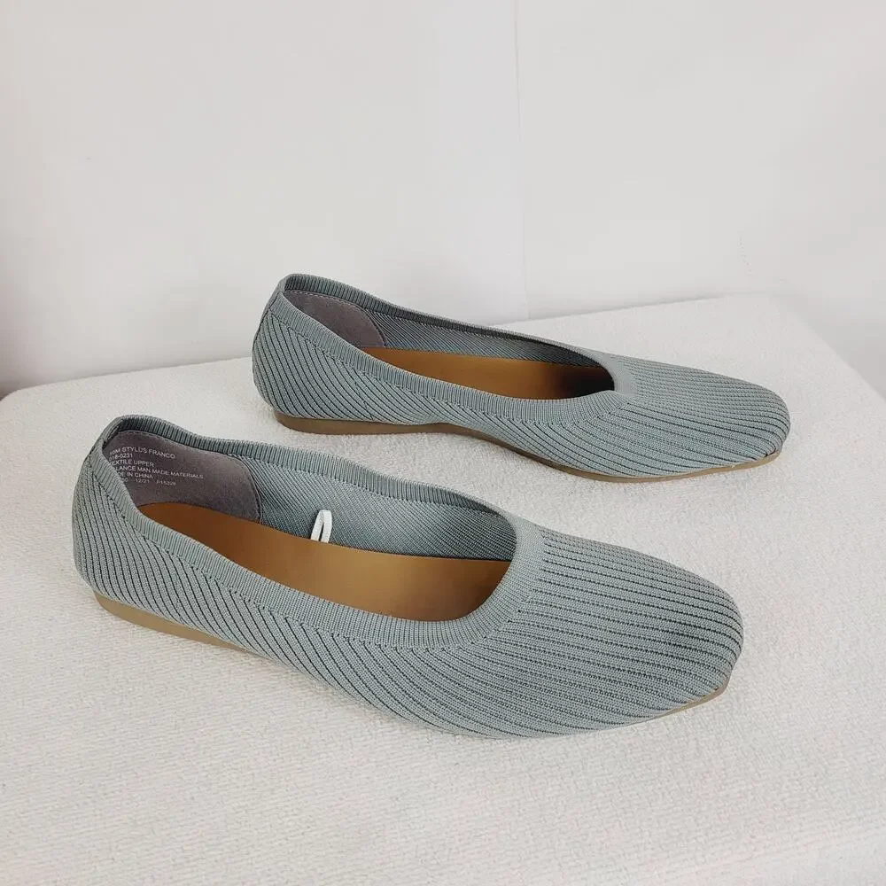 Stylus Womens Franco Grey Square Toe Ribbed Fabric Slip On Flats Size 10